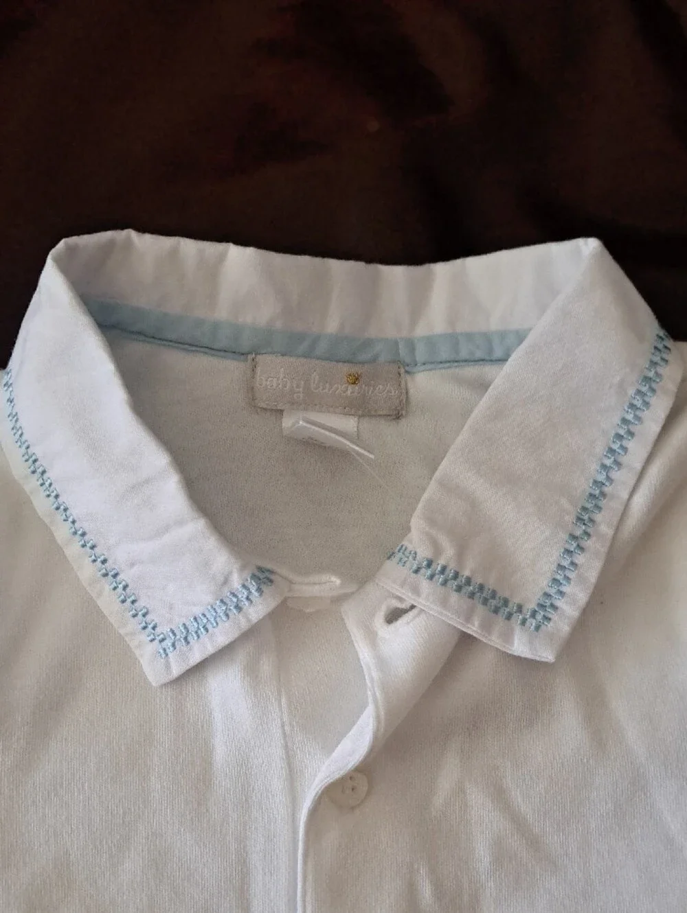 Baby Luxuries 12 Months White Polo-Style Baby One-Piece with Blue Trim
